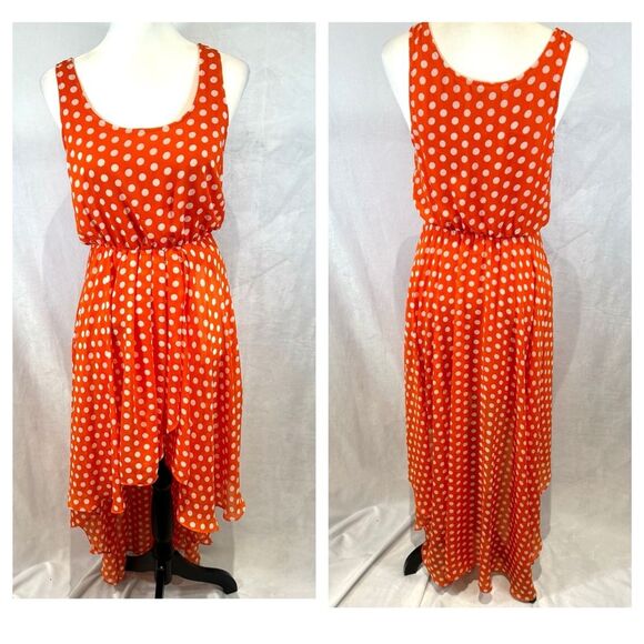 Jealous Tomato orange and white polka dot faux wrap high low dress size medium - Picture 1 of 7